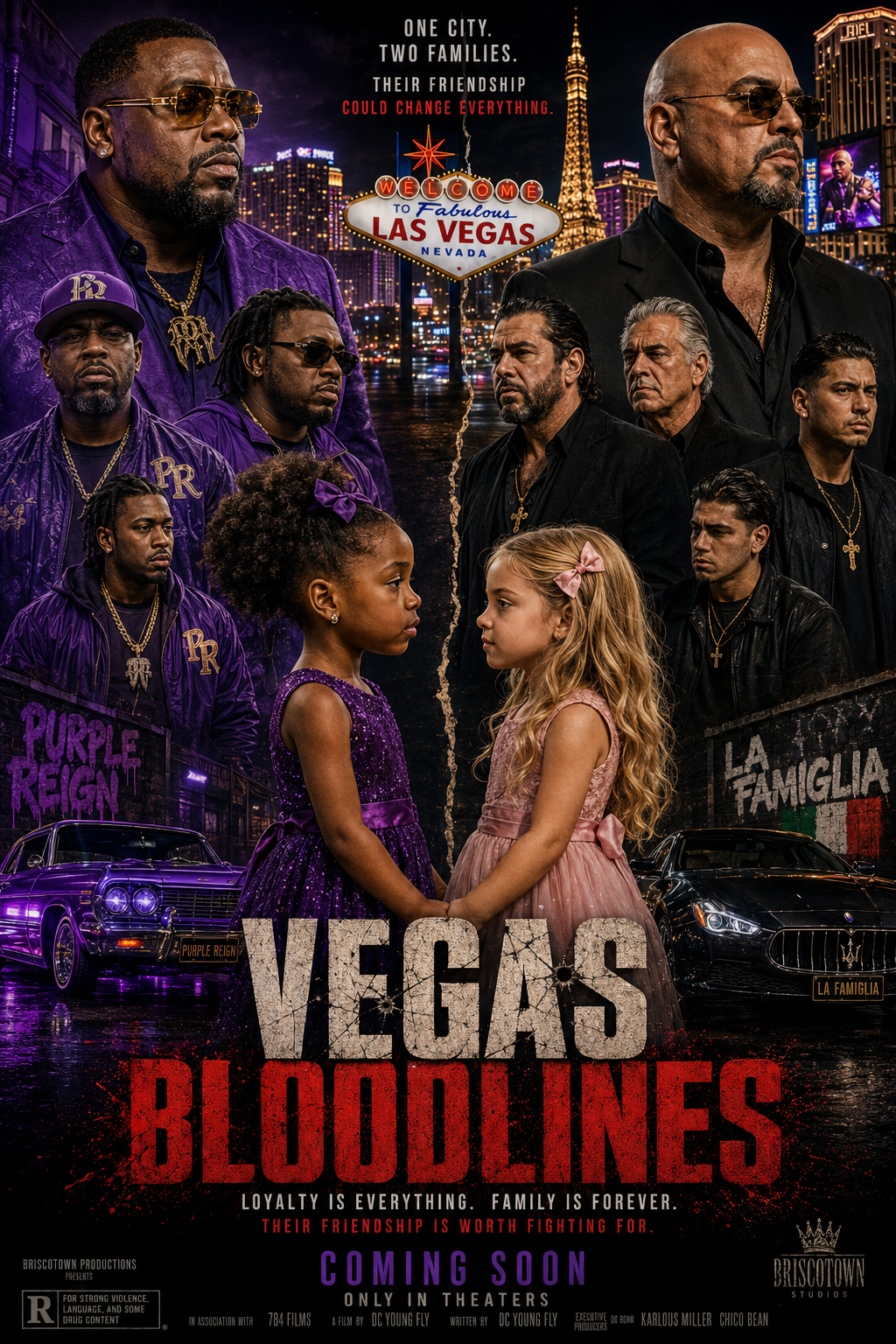 Vegas Bloodlines poster — two Las Vegas crime families divided by a fracture, two young girls holding hands at the centre