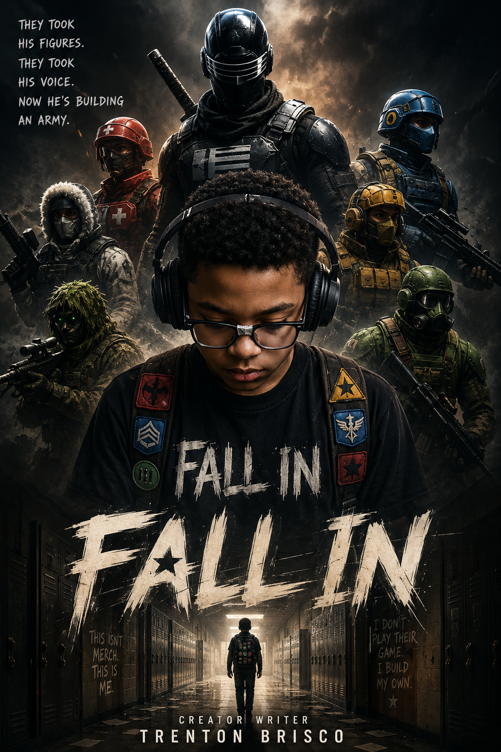Fall In poster — a boy in headphones in a school hallway flanked by soldiers