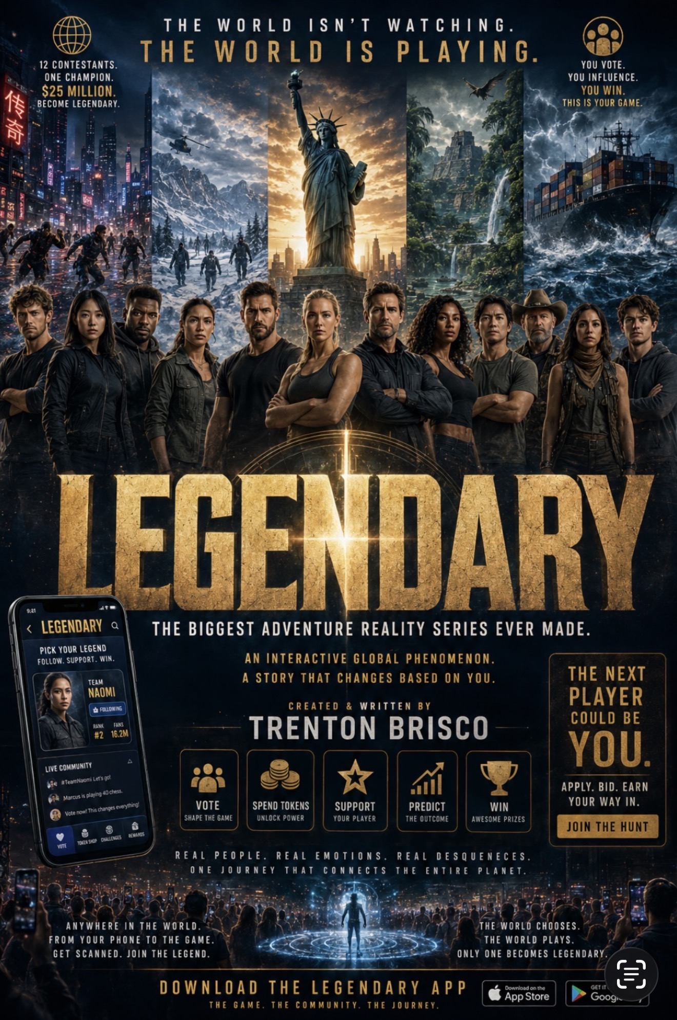 Legendary key art — twelve contestants across global locations beneath the gold Legendary title