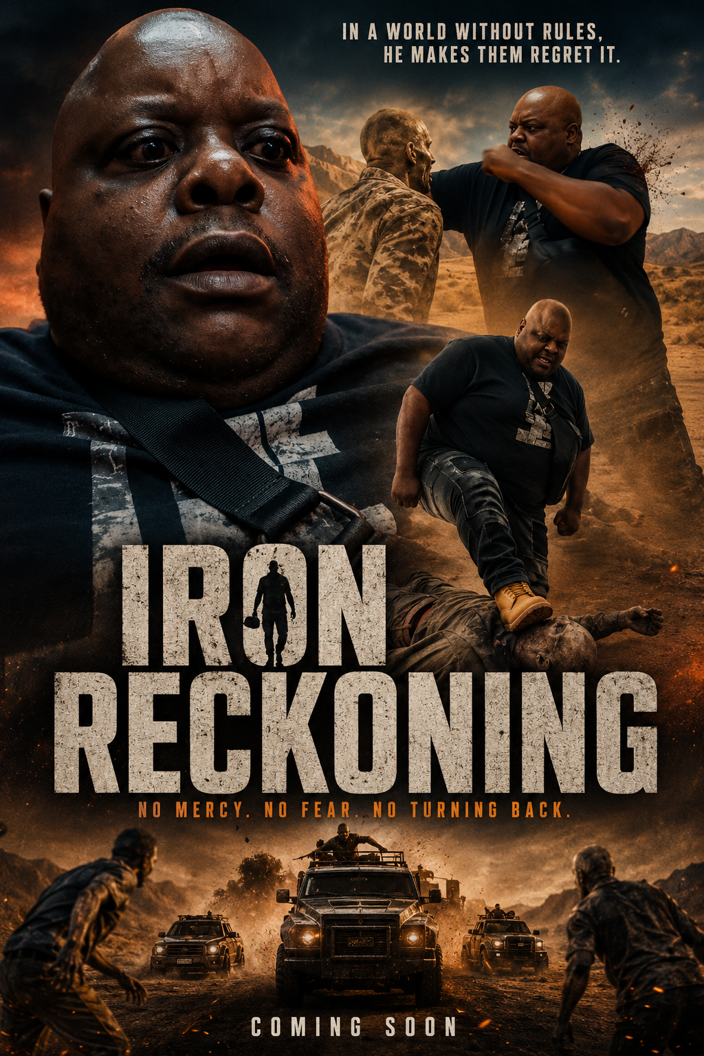 Iron Reckoning poster — a fighter grappling with the infected in the desert