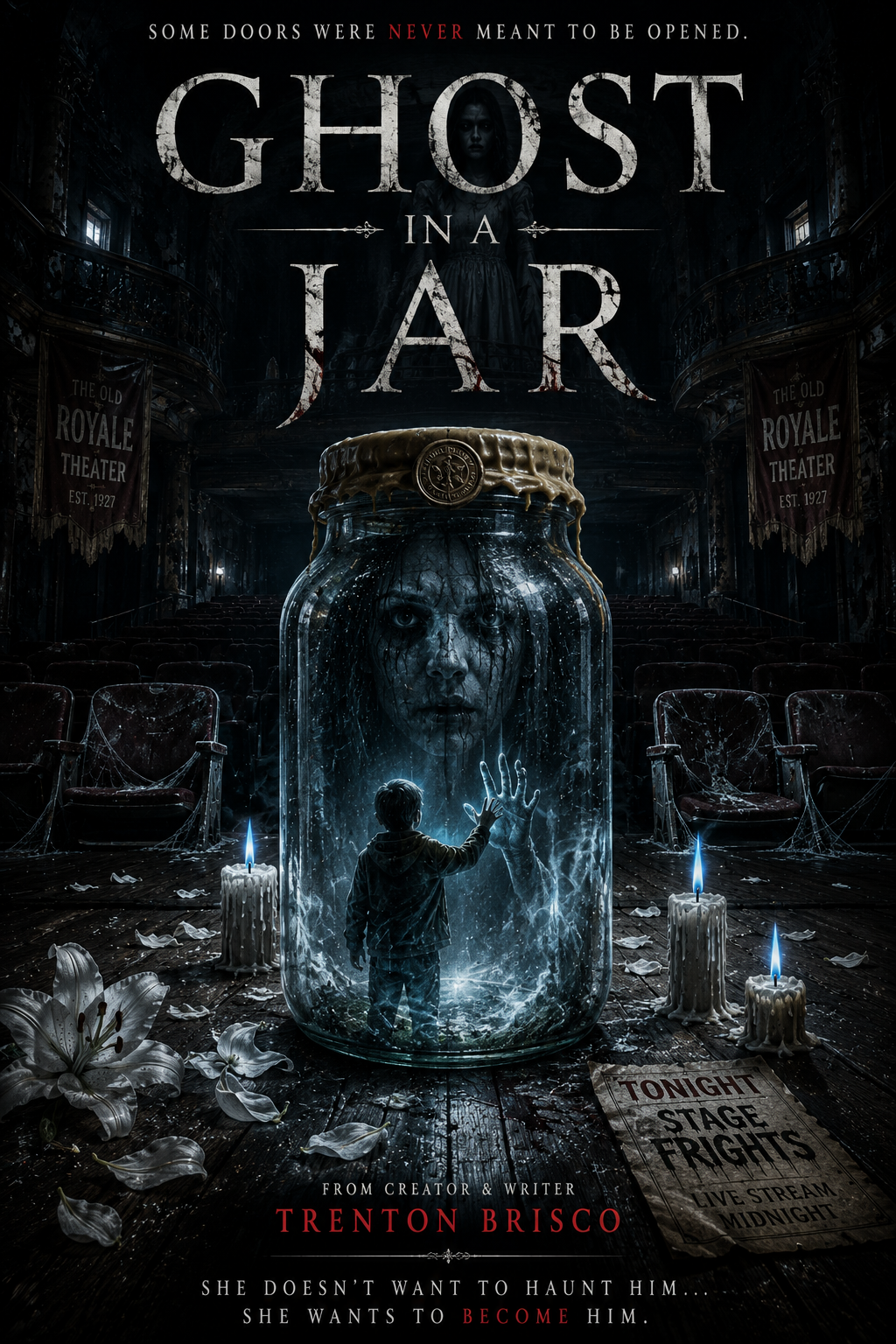 Ghost in a Jar poster — a spirit trapped inside a glass jar surrounded by candles