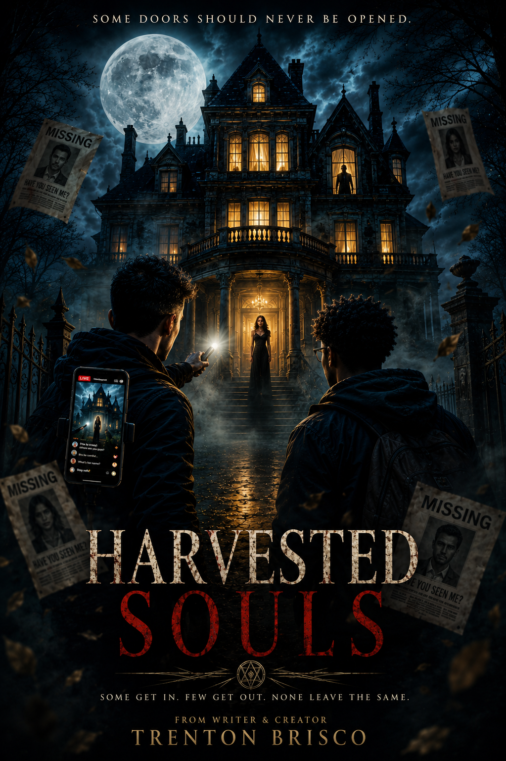 Harvested Souls poster — two figures approaching a lit Victorian house under a full moon