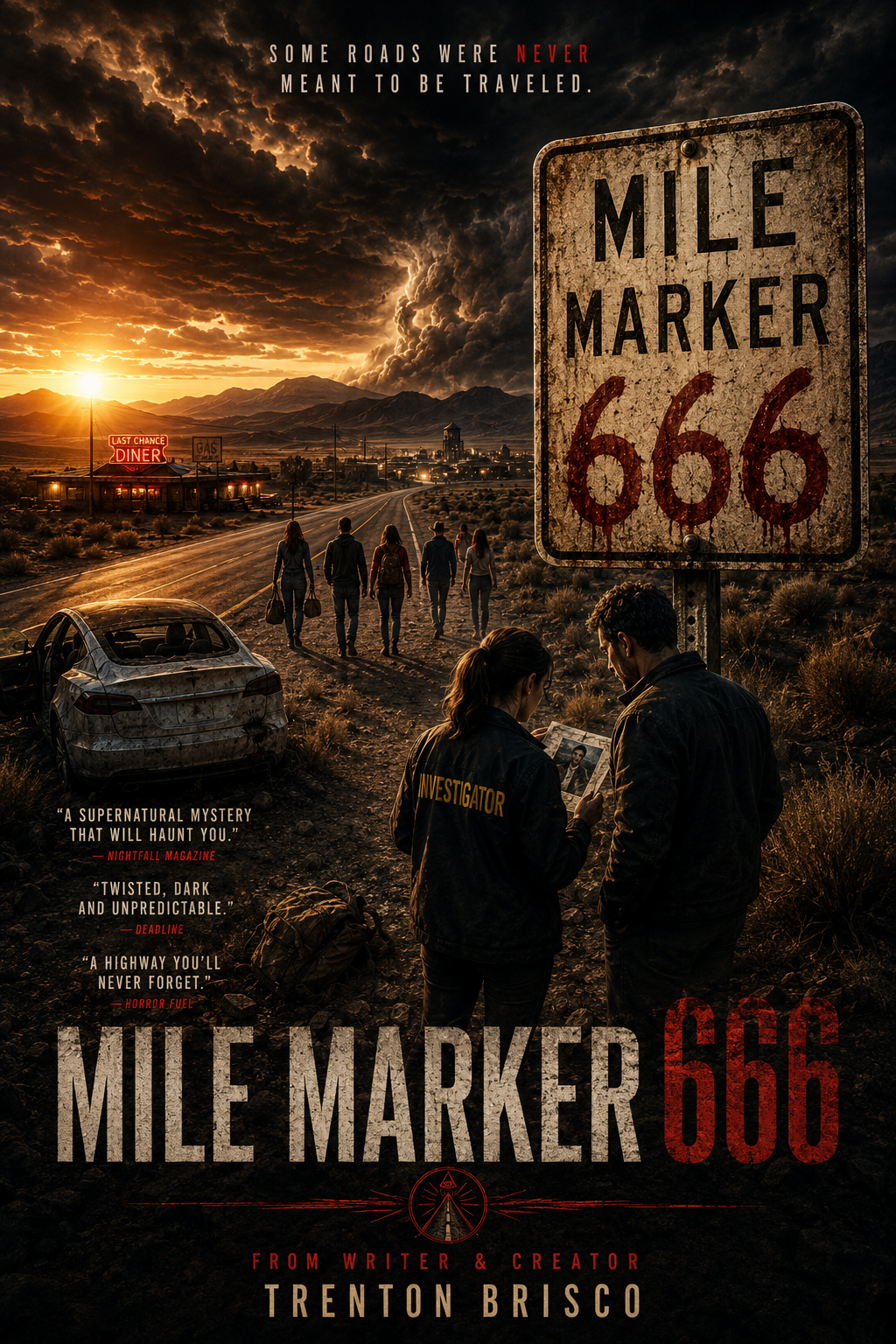 Mile Marker 666 poster — a desert highway sign at sunset with figures on the road