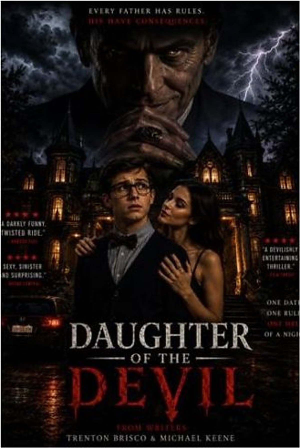 Daughter of the Devil poster — a young couple outside a storm-lit mansion