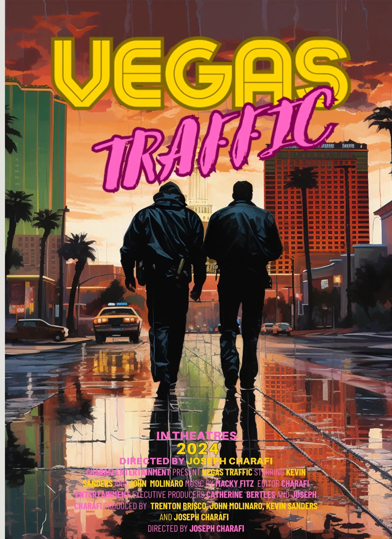 Vegas Traffic poster — two detectives walking a rain-slick Las Vegas street at sunset