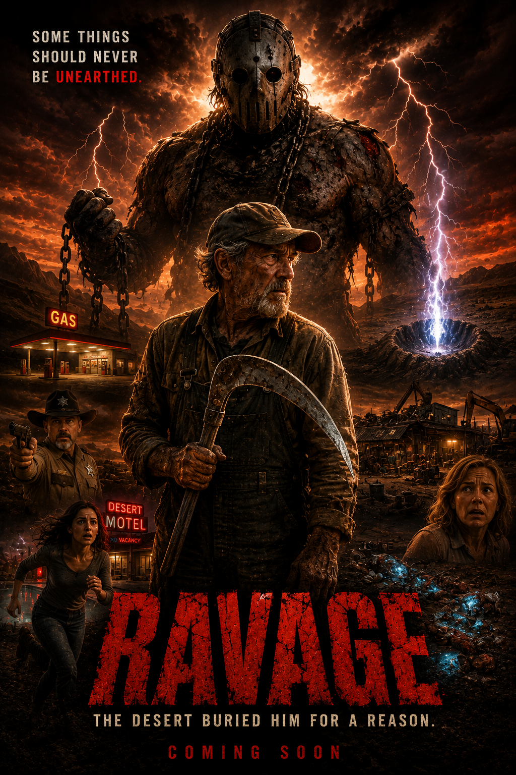 Ravage poster — a masked figure rising over a desert motel in a lightning storm