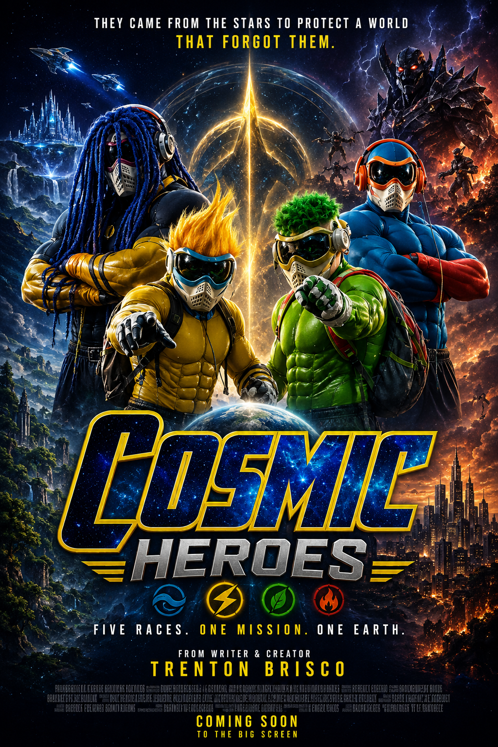 Cosmic Heroes poster — four armoured heroes in blue, yellow, green and red against a cosmic skyline