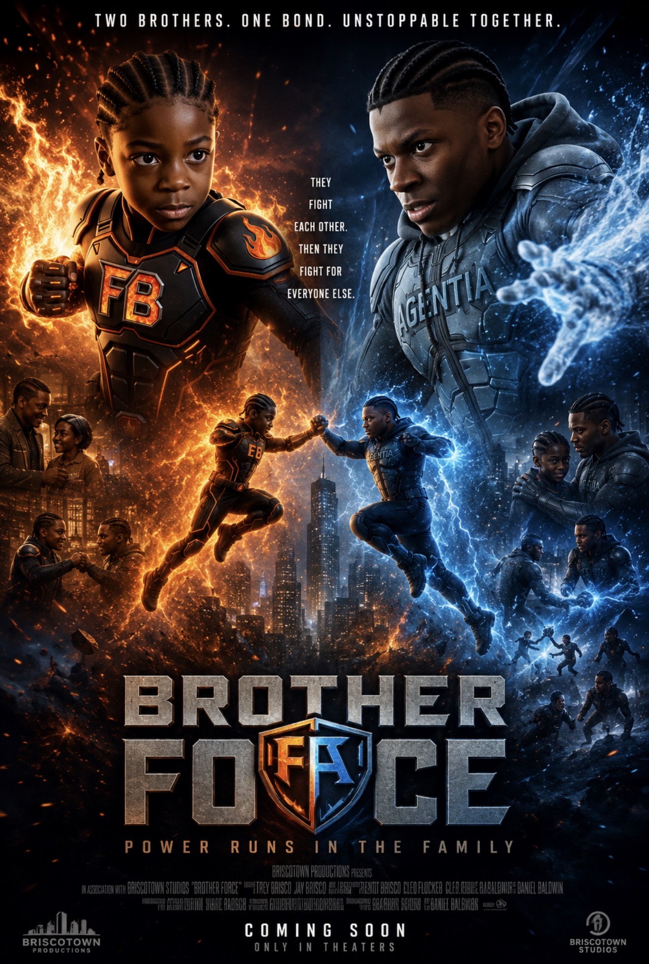 Brother Force poster — two brothers in fire and ice armor above a city skyline