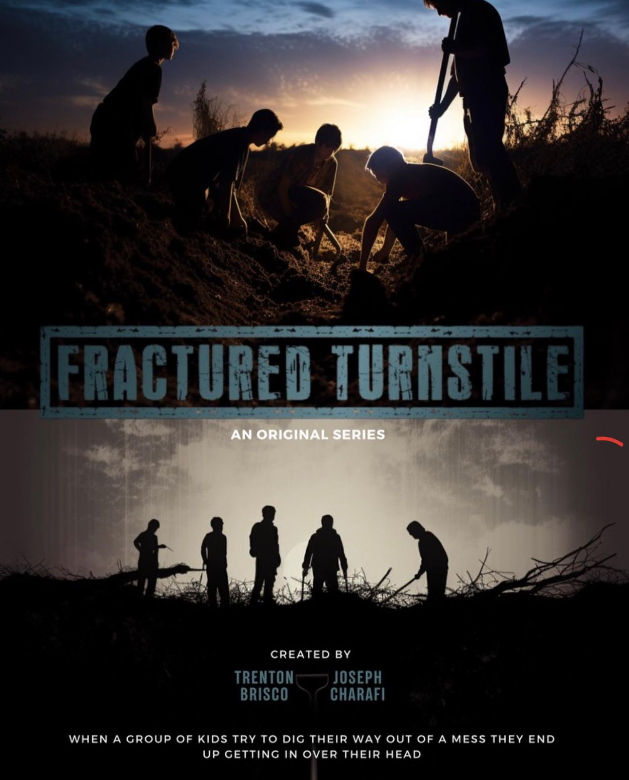 Fractured Turnstile poster — silhouettes of kids digging at sunset